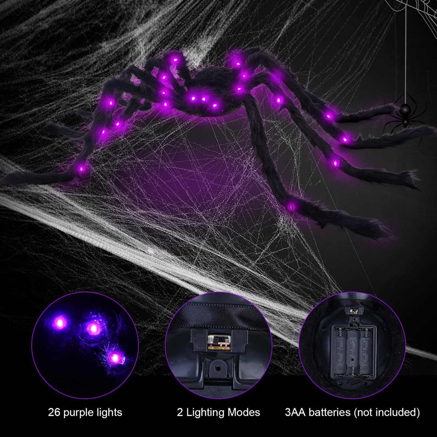 VOMAOK Halloween Spider Decorations 4ft Light Up Giant Spider(2 Pack) for Indoor Outdoor Halloween Decorations Yard Party House Décor