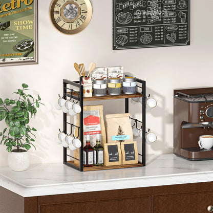 Dorhors 2 Tier Coffee Bar Accessories and Organizer,Multi-functional Mug Holder with 12 Hooks,Wood Coffee Station Organizer,Kitchen Countertop Shelf (Rustic Brown)