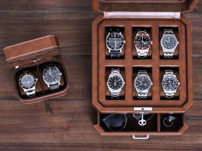 Gift Set 6 Slot Leather Watch Box with Valet Drawer - Luxury Watch Case Display Organizer, Microsuede Liner, Locking Jewelry Box, Mens Storage Boxes Holder Large Glass Top (Tan/Brown Gift Set)