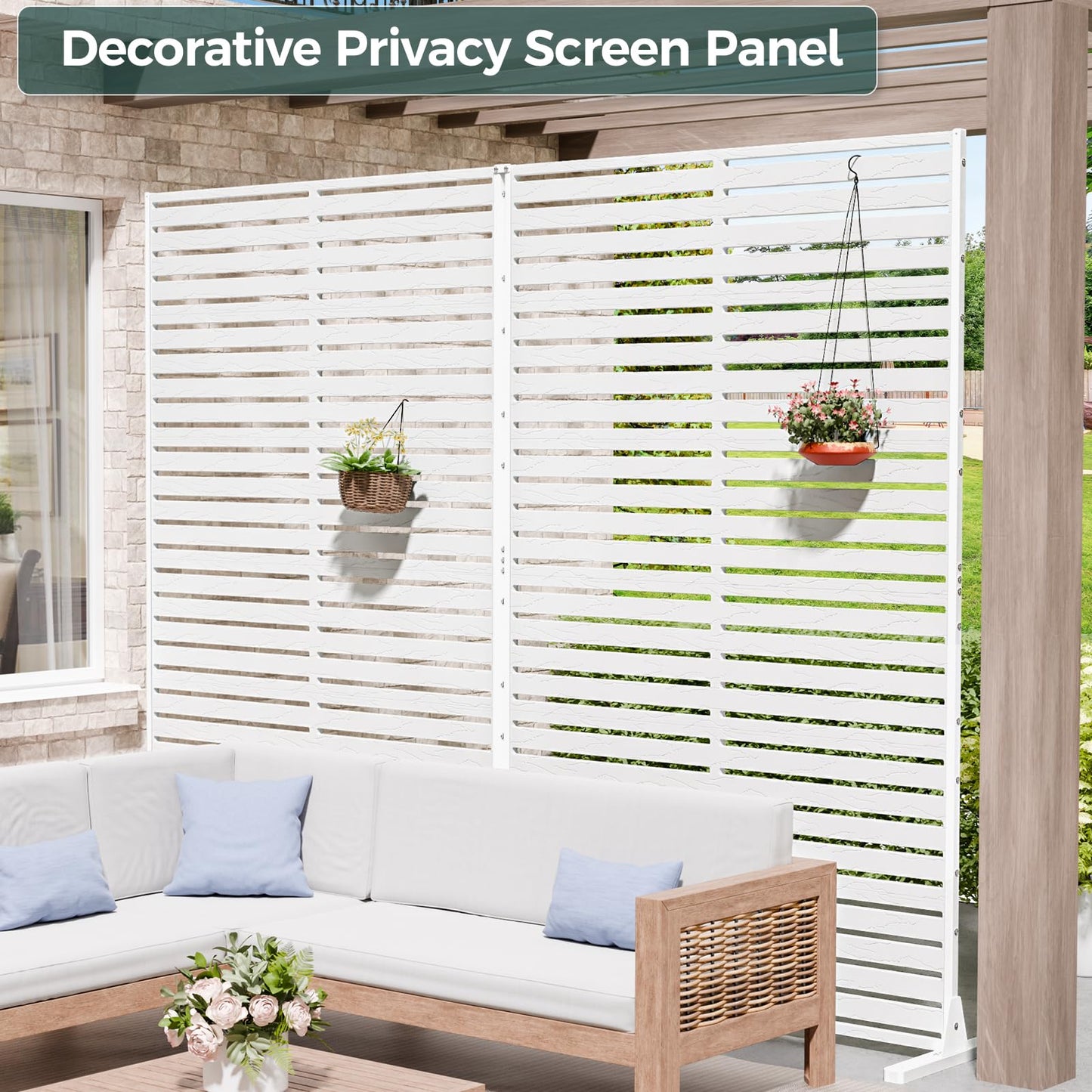 Trygoal Privacy Screen Outdoor 72" Freestanding Privacy Panel with Stand, HDPE Decorative Privacy Fence with Louver Pattern, Patio Divider Screen, Privacy Screens for Outside, Balcony, White