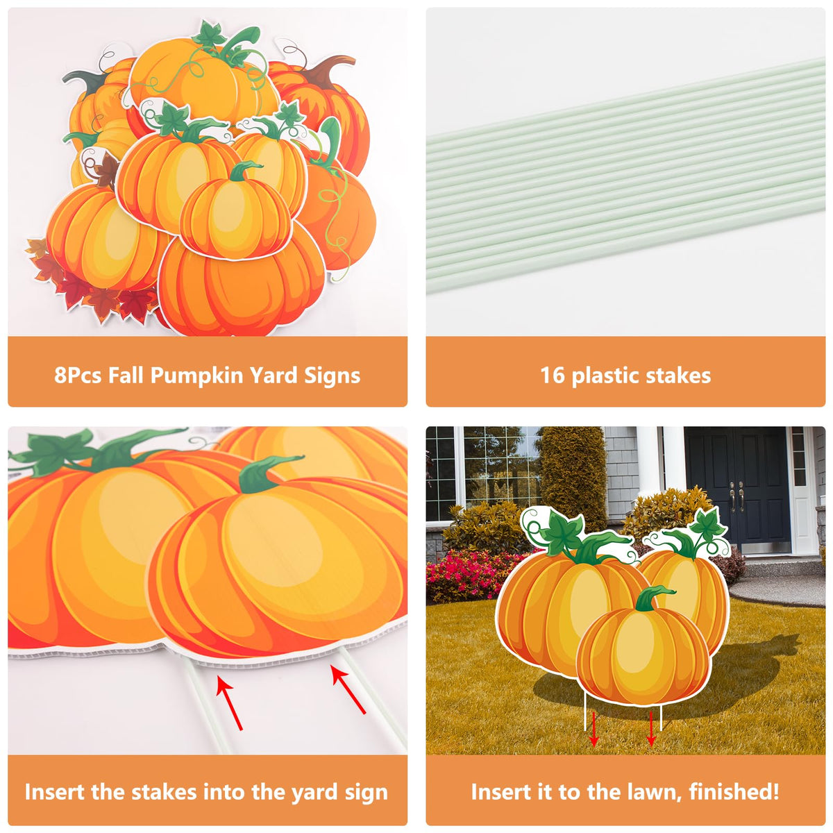 Arosche Fall Yard Signs with Stakes 8pcs Happy Fall Thanksgiving Decorations Outdoor Orange Pumpkins Harvest Garden Wall Porch Signs Seasonal Holiday Party Supplies Lawn Yard Decorations