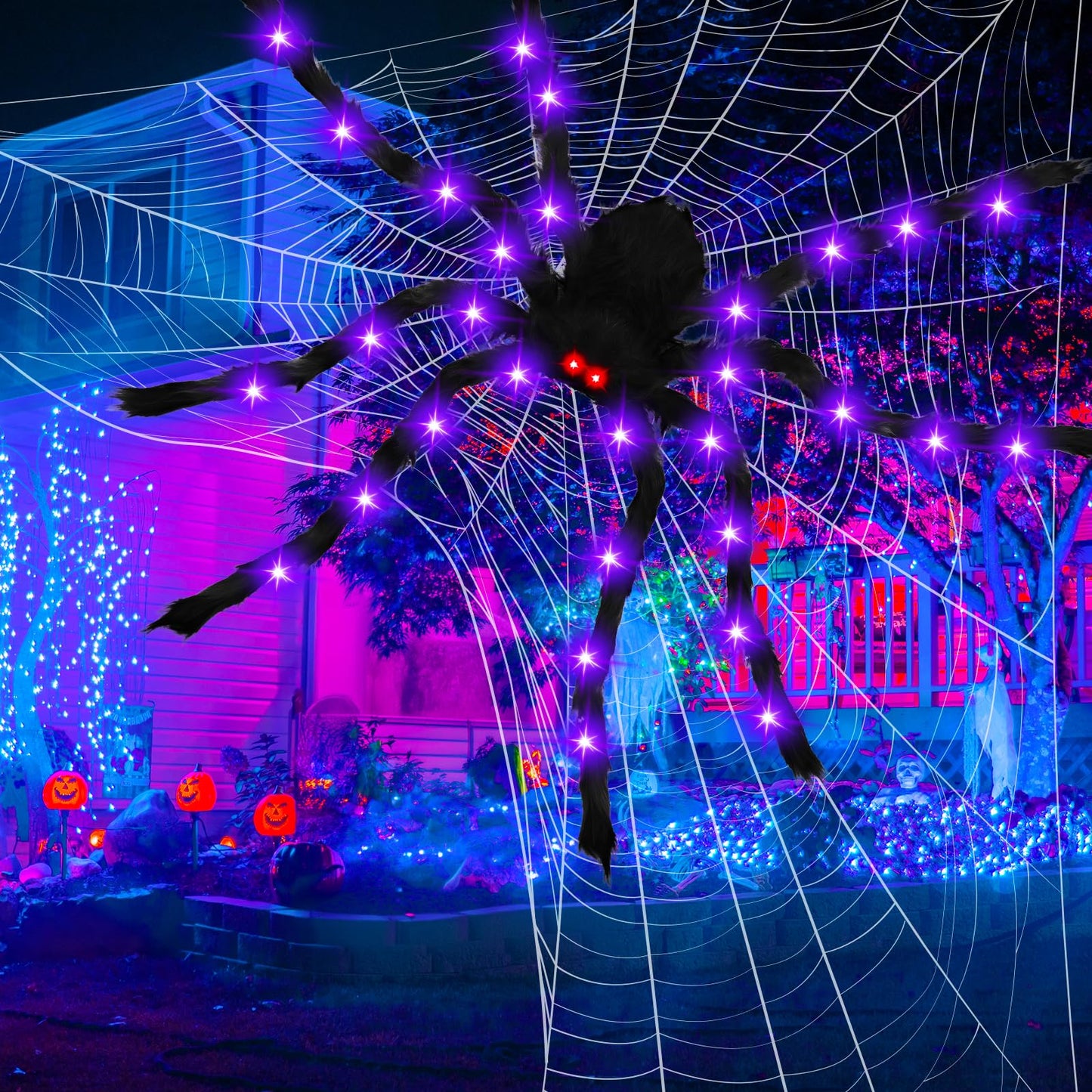 6.6 FT Giant Spider Halloween Decorations Light Up Scary Spider with Red LED Eyes Purple Lights for Yard Lawn Garden Porch Halloween Party Haunted House Indoor Outdoor Decor