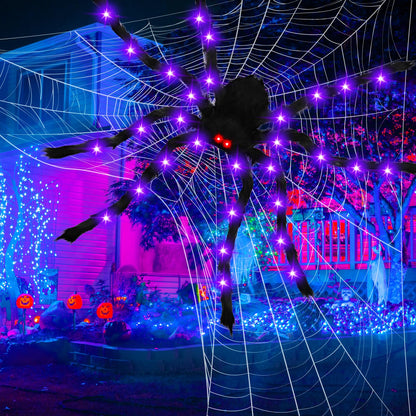 6.6 FT Giant Spider Halloween Decorations Light Up Scary Spider with Red LED Eyes Purple Lights for Yard Lawn Garden Porch Halloween Party Haunted House Indoor Outdoor Decor