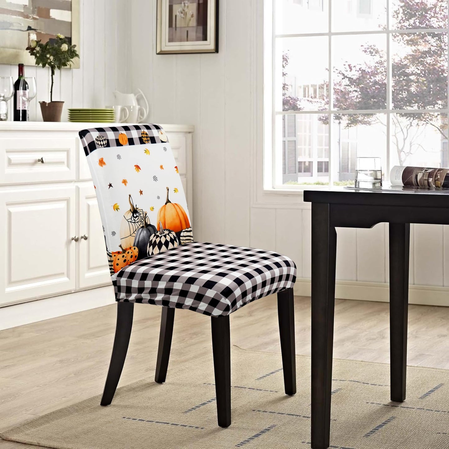 Wscdovf Halloween Chair Covers Set of 6, Fall Pumpkin Black/White Buffalo Plaid Chairs Slipcover for Dining Room, Removable Washable Breathable Cover in The Kitchen Restaurant Holiday Decor