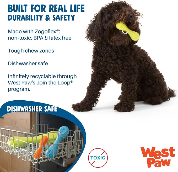 WEST PAW Zogoflex Hurley Dog Bone Chew Toy – Floatable Pet Toys for Aggressive Chewers, Catch, Fetch – Bright-Colored Bones for Dogs – Recyclable, Dishwasher-Safe, Non-Toxic, Large, Aqua