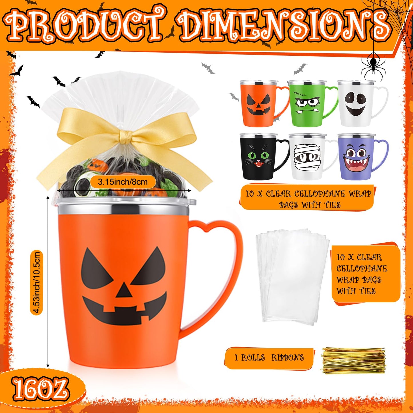 Patelai 6 Sets Halloween Coffee Mugs Cups 16 oz Halloween Stainless Steel Insulated Tumblers Bulk with Handle Lid Straw Brushes Clear Opp Bags Ribbons Spooky Black Cat Ghost Trick or Treat Party Gifts