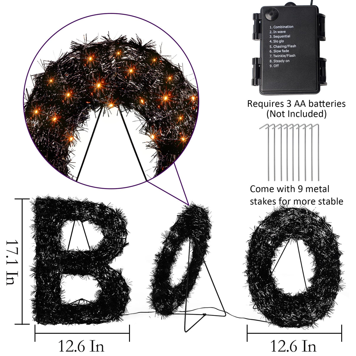 ATDAWN 3 Piece Outdoor Boo Sign Halloween Decoration, Lighted Boo Yard Display Set, Boo Yard Sign for Halloween Indoor Lawn Decor, Black & Orange
