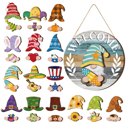 Qunclay Antique Interchangeable Wooden Gnome Decor Holiday Seasonal Gnome Decorations with Magnet Pieces and Detachable Hats Changeable Welcome Sign for Home