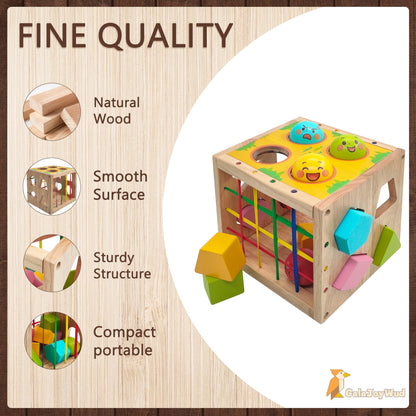 GalaJoyWud Wooden Activity Cube for Baby,Shape Sorters for Toddlers 1-3, Developmental Toy with Bead Maze, Hammer Pounding & Sensory Blocks, Gift for Boys and Girls