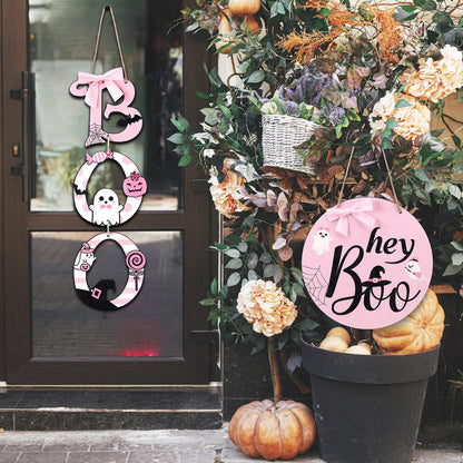 Amyhill 2 Pcs Halloween Door Sign Pink Boo Wooden Sign Ghost Wreath Decorations with Pink Bow for Farmhouse Front Door Hanger Porch Wall Decor