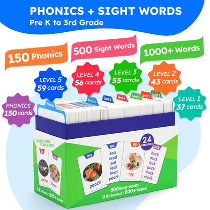 BenBen Sight Words & Phonics Flash Cards, 500 Sight Words & 800+ Words, Learn to Read CVC, Blends, Long Vowels, Dolch & Fry High Frequency Words for Pre-k Kindergarten 1st 2nd 3rd Grade Kids Ages 3-9