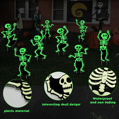 BOUTICOL 8 Pcs Halloween Glow in The Dark Skeleton Yard Signs Outdoor Decoration, Fluorescent Skeleton Ghost Yard Signs with Stakes for Lawn Garden Front Yard Cemetery Decor