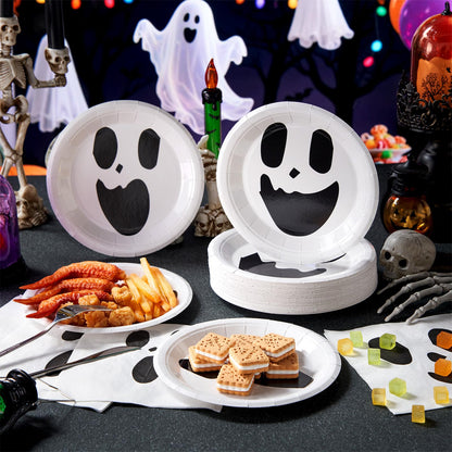 Roshtia 100 Pcs Halloween Paper Plates 7 Inch Round Decorative Ghost Dinner Plates Bulk for Trick or Treat Birthday Party Supplies