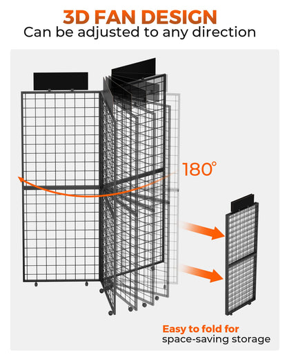 DEMEGA 360° Foldable Grid Wall Panel, Three 6' x 4.25' Ft Double Side Gridwall Display Stand with Notice board, Heavy Duty Sturdy Floorstanding Wire Grid Rack, Movable Wheel for Retail Art Craft Fairs