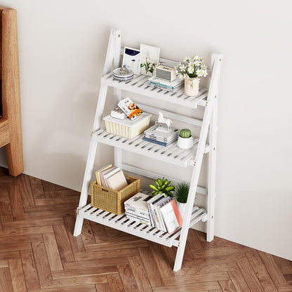 oakvivo Bamboo Bookshelf 3-Tier Ladder Shelf, 39.4” Freestanding Open Bookcase Book Shelf Bathroom Storage Shelf Unit Plant Stand for Small Space, Living Room, Bedroom, Home Office, White