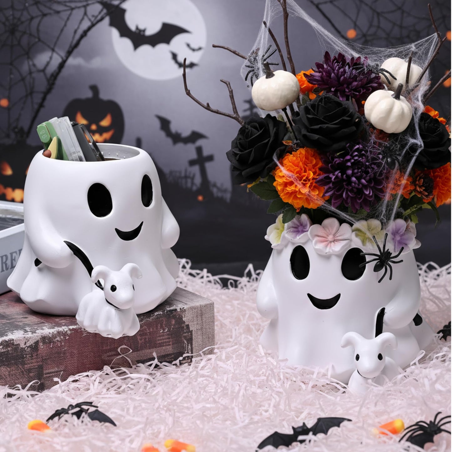 Chunful 2 Pcs Ghost Bucket Decor Halloween Couple Ghost Table Decoration Halloween Candy Bowl Planter Vase Centerpieces for Home Office Shelf