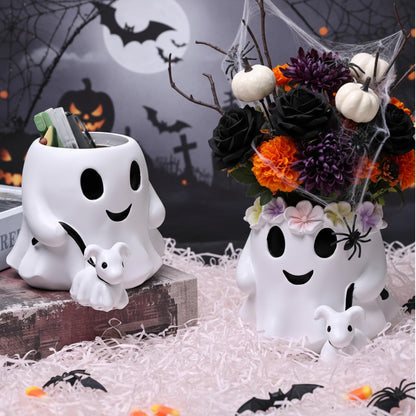 Chunful 2 Pcs Ghost Bucket Decor Halloween Couple Ghost Table Decoration Halloween Candy Bowl Planter Vase Centerpieces for Home Office Shelf