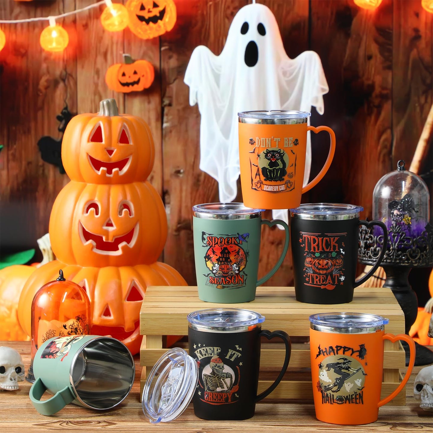 Kritkin 6 Pcs Halloween Coffee Mugs Cups 16 oz Halloween Stainless Steel Insulated Tumblers Bulk with Handle Lid Straw Brushes Spooky Ghost Face Monster Black Cat Mugs Trick or Treat Gifts