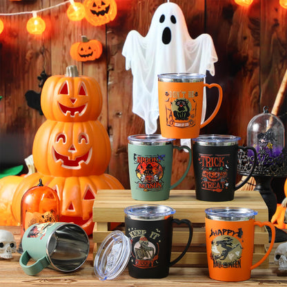 Kritkin 6 Pcs Halloween Coffee Mugs Cups 16 oz Halloween Stainless Steel Insulated Tumblers Bulk with Handle Lid Straw Brushes Spooky Ghost Face Monster Black Cat Mugs Trick or Treat Gifts