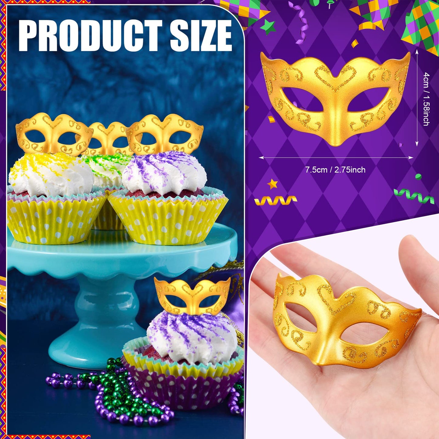 Deekin 24 Pcs Mini Masks Masquerade Small Masquerade Mask Cake Toppers Decorative Mardi Gras Venetian Party Decoration(Gold)