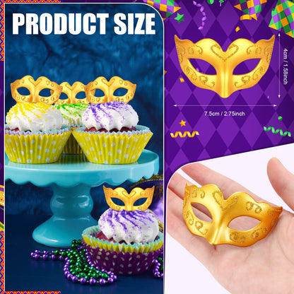 Deekin 24 Pcs Mini Masks Masquerade Small Masquerade Mask Cake Toppers Decorative Mardi Gras Venetian Party Decoration(Gold)