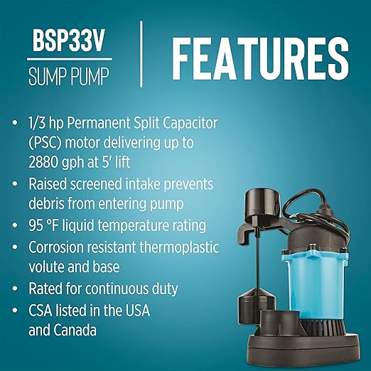 Little Giant BSP33V 1/3 HP, 115 Volt, 2880 GPH Automatic Submersible Epoxy Coated Cast Aluminum Sump Pump with Piggy-back Vertical Switch and 8-Ft. Cord, Blue, 506251