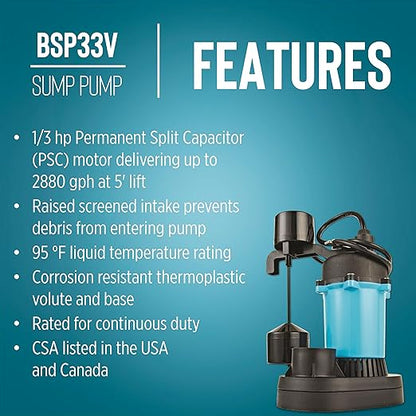 Little Giant BSP33V 1/3 HP, 115 Volt, 2880 GPH Automatic Submersible Epoxy Coated Cast Aluminum Sump Pump with Piggy-back Vertical Switch and 8-Ft. Cord, Blue, 506251