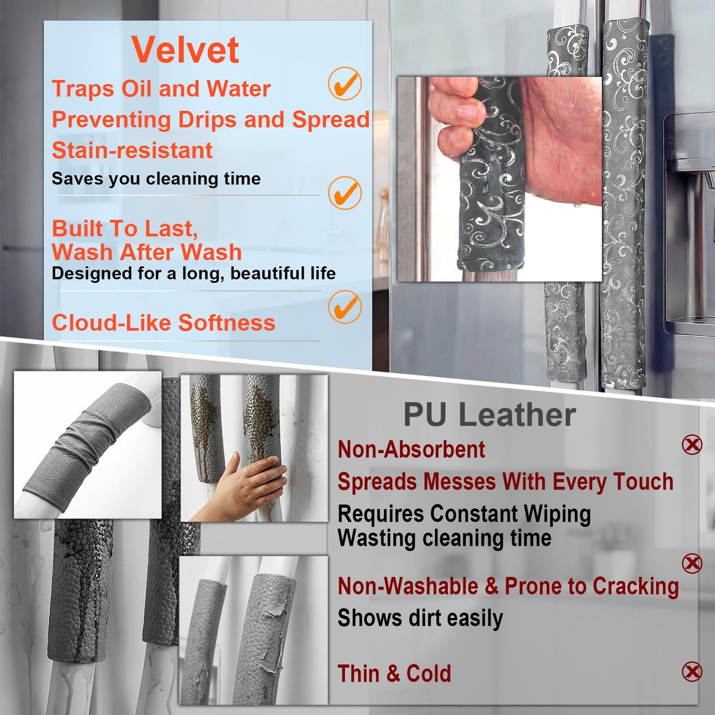 Volecy Refrigerator Handle Covers, Set of 6, Washable Velvet Appliance Door Handle Covers, Adjustable Handle Protectors, Kitchen Decor Keep Clean for Fridge Oven Stove Microwave Dishwasher(Gray Silve)