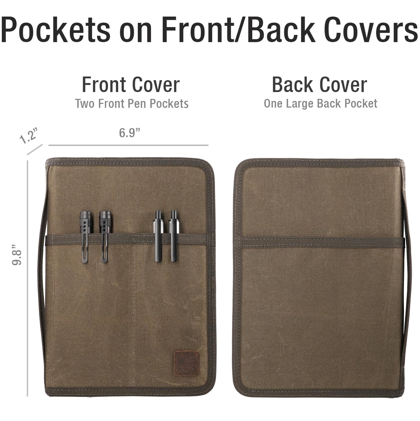 Krozur A5 YKK Zipper Notebook Journal Planner Sketchbook Cover for 5.5 x 8.25 Moleskine Cahier 5 x 8 legal note pads A5 LEUCHTTURM, Pen Loop, Water Resistant Cover, Classy Waxed Canvas, Olive