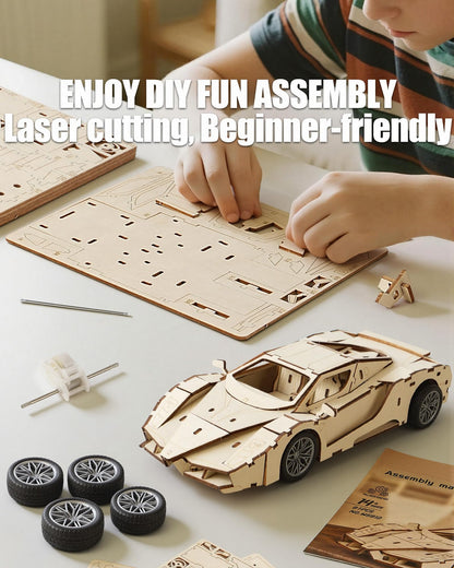 MOCBURIKU 3D Wooden Puzzles Model Car Kits to Build for Adults, Beginner-Friendly Pull Back Sport Car Building Toys, Wood Craft Gift for Boys and Men on Birthday Christmas