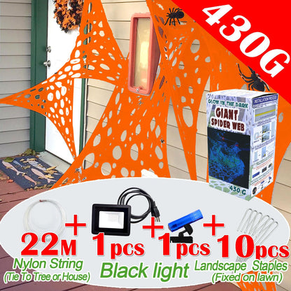 YHFUISK 700 Sqft Giant Durable Spider Web Halloween Decorative Outdoor, Beef Web for Glow in The Dark Spider Web, Orange Giant Spider Outdoor Decor Set,with 3 Blacklight (24FT x 4FT)