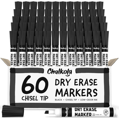 Chalkola 60 Black Dry Erase Markers Bulk Pack, Black Chisel Point White Board Marker Dry Erase Pens - Low Odor Whiteboard Markers for Kids, Home, Office, Back to School Supplies