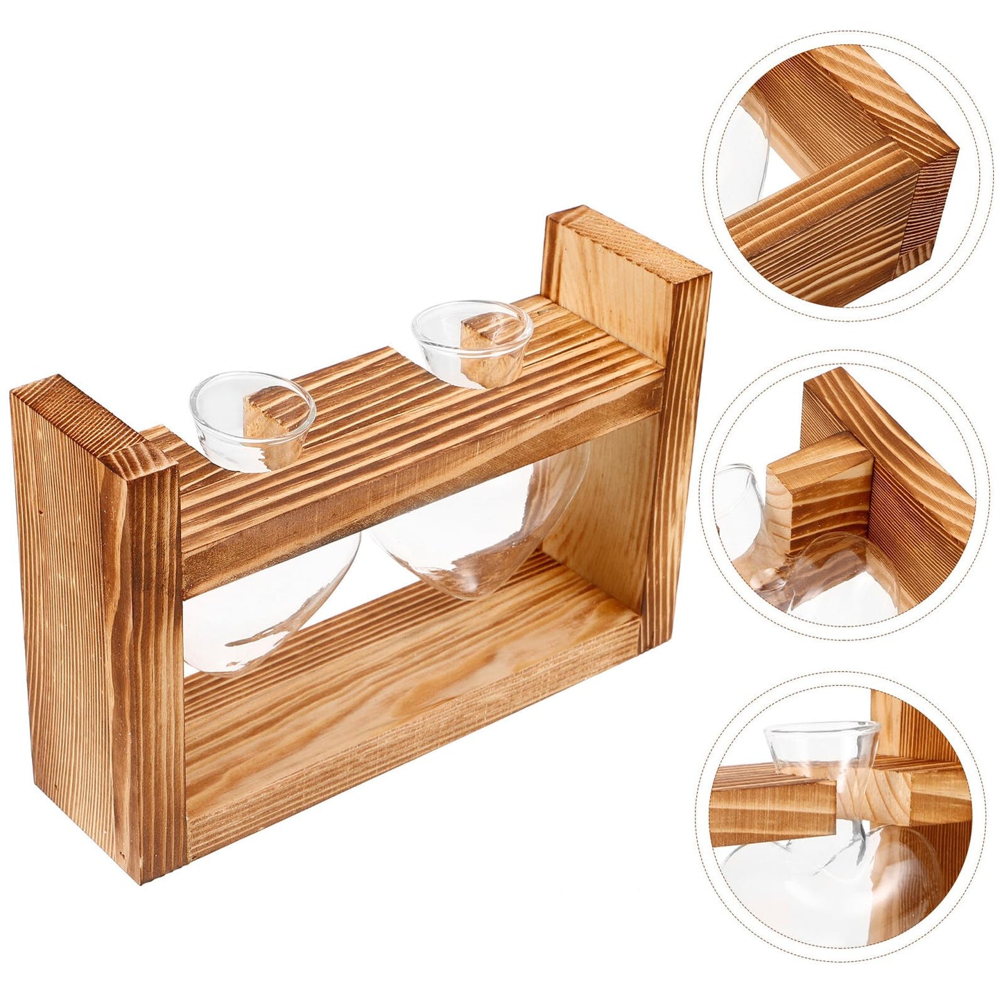 SUPVOX Wooden Stand Glass Heart-Shaped Vase for Indoor Plants, Hydroponic Terrarium Planter, Tabletop Decor Set with 2 Glass Vessels, Suitable for Home and Office