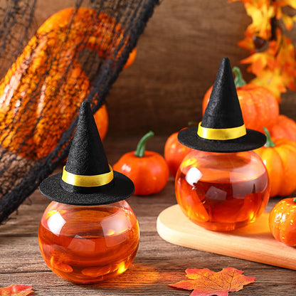 Baderke 12 Pcs 13.5 oz Spherical Plastic Potion Bottles with Hat Ball Shape Round Bottles for Drink Candy Jar Halloween Table Decoration DIY Crafts Gifts(Black)