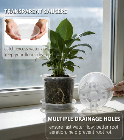 RZOIKZOI 20-Pack Clear Nursery Pots with Saucers (4/5/6/7 Inch)– Transparent Plastic Plant Pots with Drainage Holes and 20 Labels, Assorted Sizes for Seed Starting, Succulents, Indoor and Outdoor Use