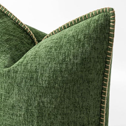 MIULEE Pack of 2 Lumbar Throw Pillow Covers 12x20 Inch Moss Green Farmhouse Decorative Pillow Covers Stitched Edge Soft Chenille Solid Dyed Pillow Covers for Couch Sofa Bed Living Room, Forest Green