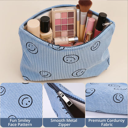 HFZRZFH Smiley Face Makeup Bag - Cute Blue Corduroy Small Toiletry Bags for Women, Soft Mini Skincare Organizer, Small Zipper Pouch For Travel Use