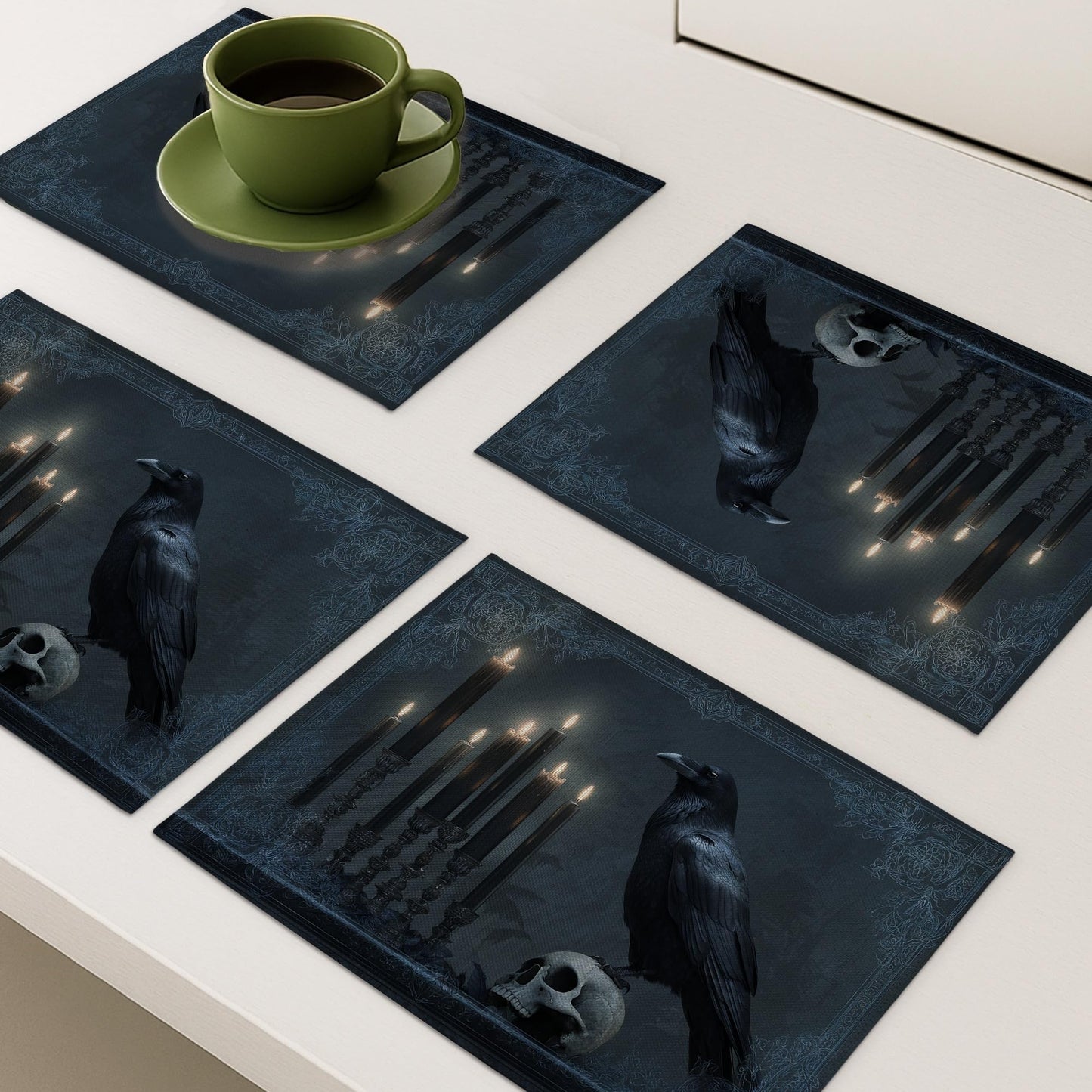 Gothic Black Raven Placemats, Dark Halloween Table Mats for Dining Room, Non-Slip Washable Indoor Outdoor Decorative Placemats Set of 4