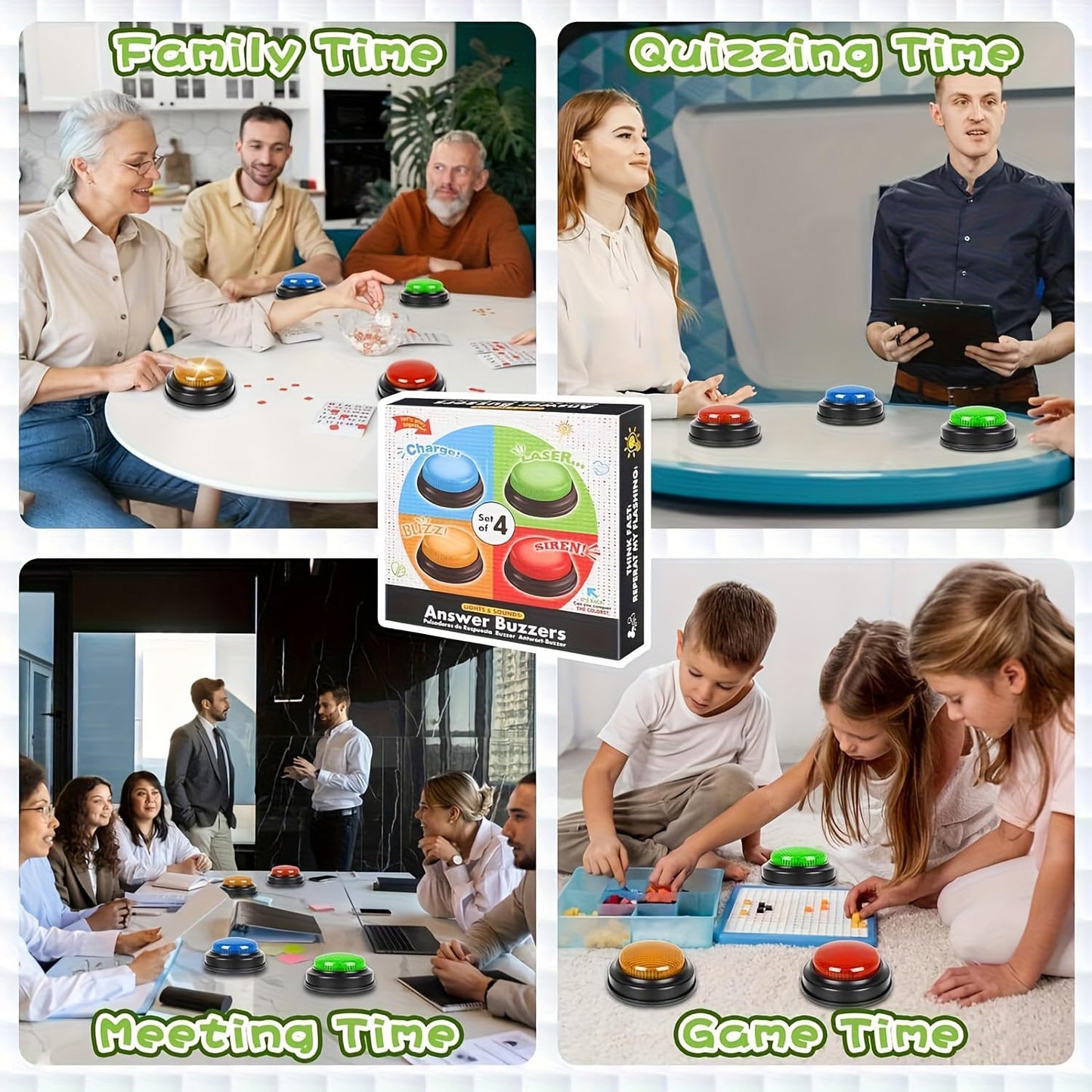 Set of 4 Game Answer Buzzers with LED Light & Unique Sound Effect, Multi-Color Quiz Buzzers for Classroom Learning, Family Game Night, Trivia Competition & Interactive Party Game for Kids & Adults