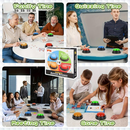 Set of 4 Game Answer Buzzers with LED Light & Unique Sound Effect, Multi-Color Quiz Buzzers for Classroom Learning, Family Game Night, Trivia Competition & Interactive Party Game for Kids & Adults