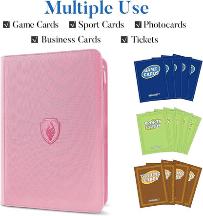 Premium Zip Card Binder, Fabmaker 9 Pocket Trading Card Binder, PU Cover Zipper Card Collection Album, Sturdy 360 Side-Loading Card Folder Holder for Game & Sports Cards, Pink