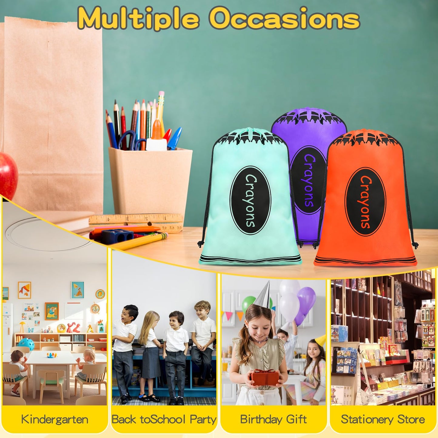 VZZNN 24 Pcs Crayon Drawstring Bags 8 Colors 10 x 7 IN Party Favors Bulk Reusable Treat Bags Back to School Graduation Birthday Party Supplies Bulk Rainbow