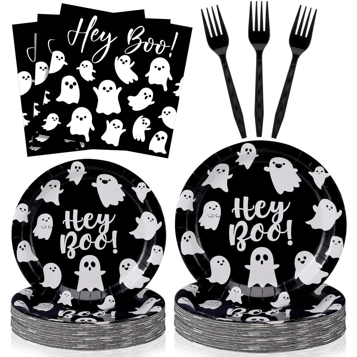 Havawish 122pcs/ 24 Set Halloween Paper Plate and Napkin Hey Boo Tableware Set Include 48 Spooky Black White Ghost Plate 50 Cocktail Napkins 24 Forks for Halloween Birthday Party Decoration, Serve 24