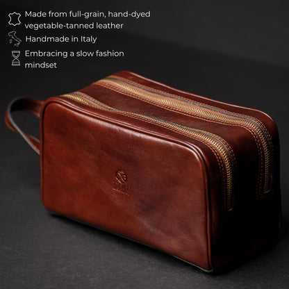 Time Resistance Leather Cosmetic Bag - Italian Toiletry Dopp Kit (Brown)