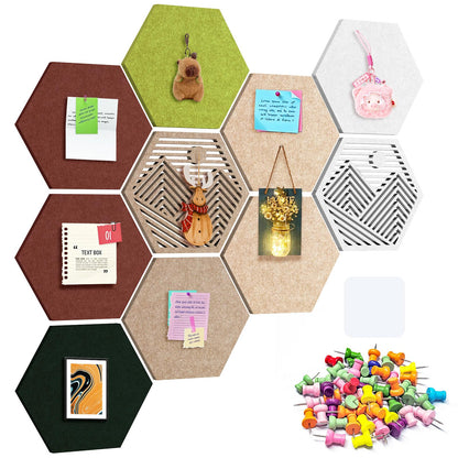 Ghegicu 10PCS 11.8" Large Hexagon Felt Cork Board Tiles, Geometric Modular Bulletin Boards with 50 Pushpins, 35 Adhesive Tabs for Office School Home Wall Decor Stickers Memos Photos Display (Hexagon)