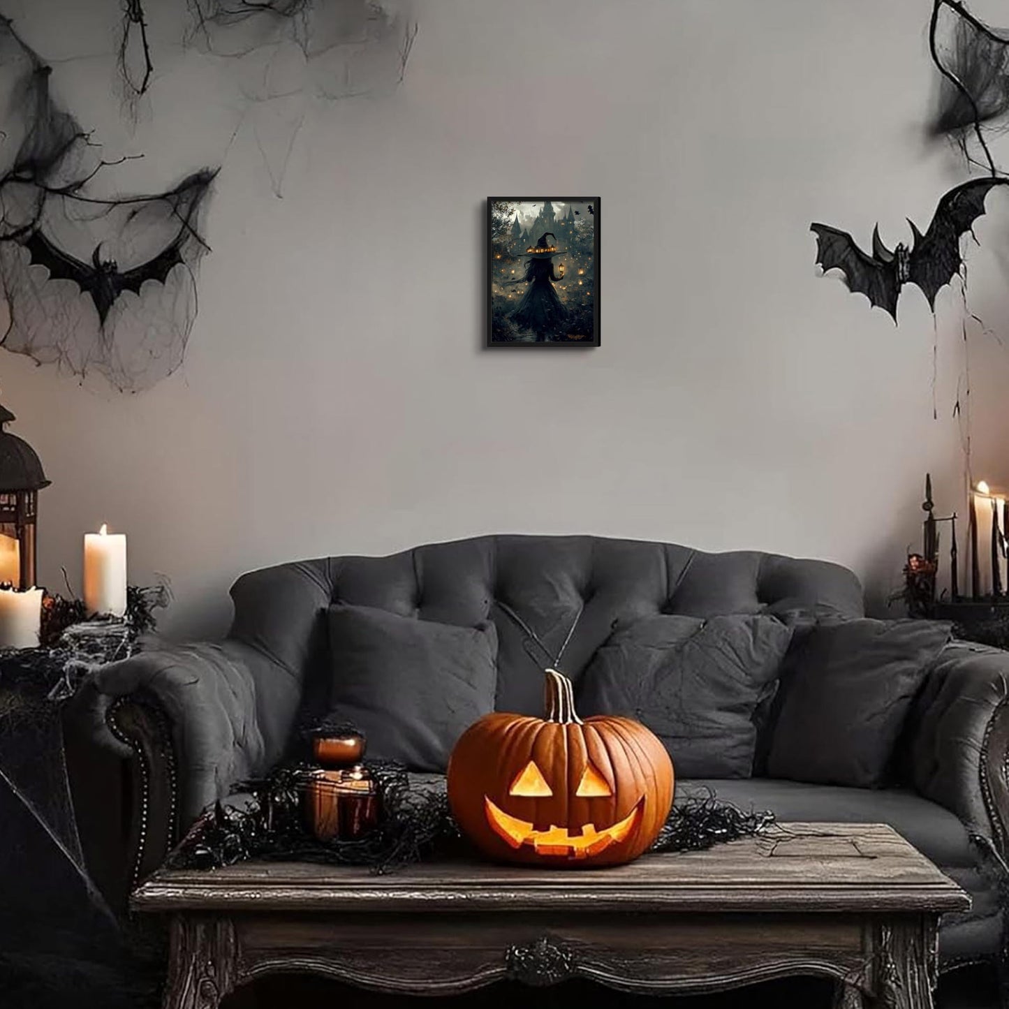Dark Gothic Halloween Witch Canvas Wall Art, Witch Holding Lantern in Misty Forest Print, Mysterious Halloween Artwork, Whimsical Wall Decor for Living Room Bedroom Hallway, 8x10in, Black Frame