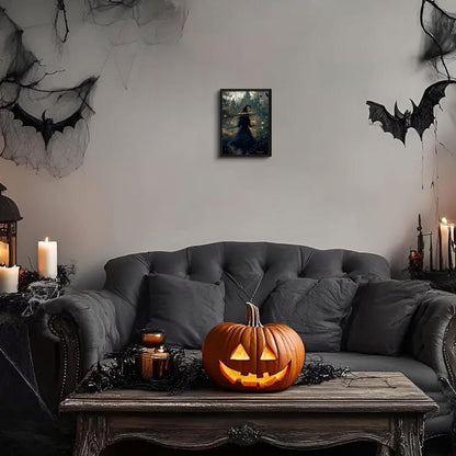 Dark Gothic Halloween Witch Canvas Wall Art, Witch Holding Lantern in Misty Forest Print, Mysterious Halloween Artwork, Whimsical Wall Decor for Living Room Bedroom Hallway, 8x10in, Black Frame