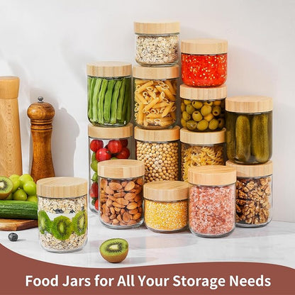 DRKIO 24 Oz Overnight Oats Containers with Bamboo Lids - 4 Pack Glass Storage Jars with Airtight Lids Wide Mouth Mason Food Jars Great for Meal Prep Salad Chia Pudding Snacks Yogurt Sugar Spice