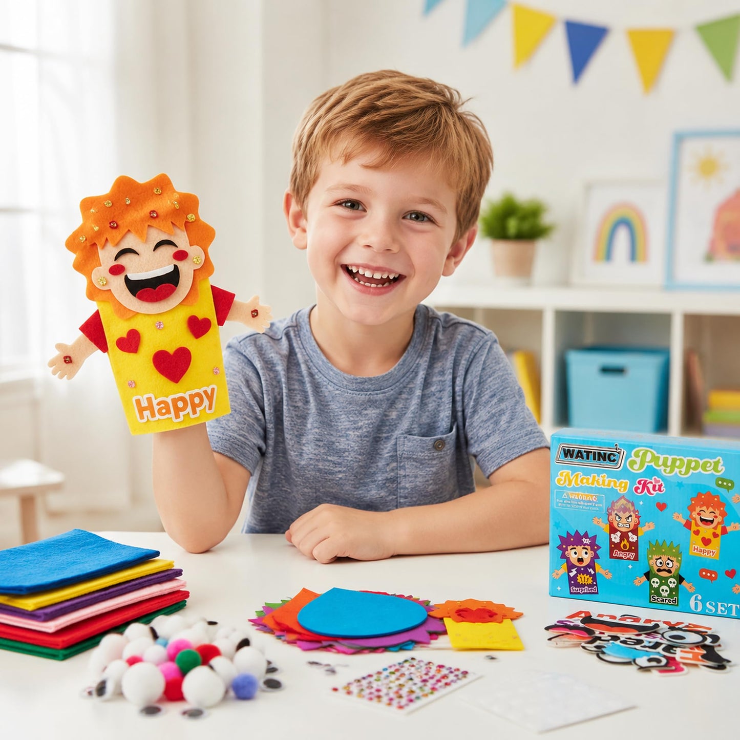 WATINC 6Pcs Hand Puppet Making Kit, Art Craft Felt Sock Puppet Toys, Creative DIY Make Your Own Pompoms Wiggle Googly Eyes Storytelling Role Play Party Supplies Calming Corner Items Kids (Emotion)