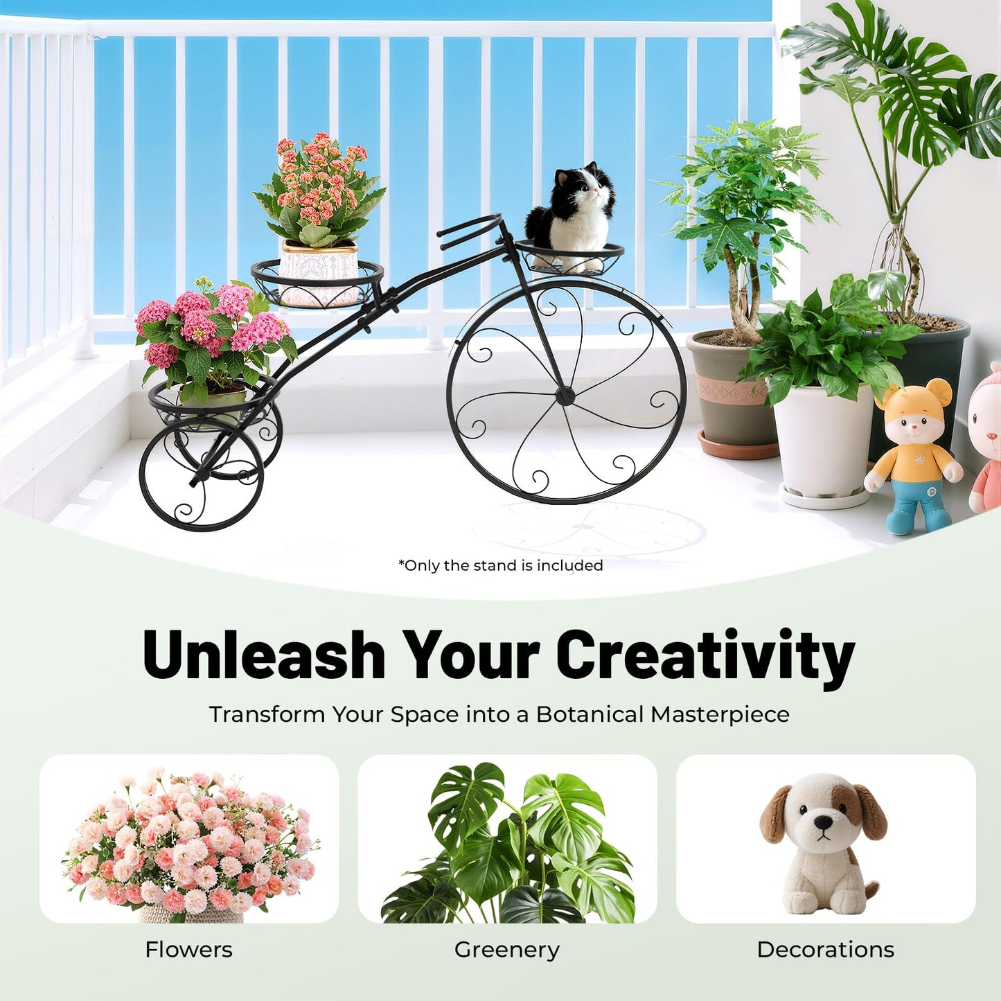 KEARIXM Bicycle Planter Stand, Metal Flower Pot Cart Holder with 3 Plant Bucket, Black Plant Stands, Metal Plant Stand, Flower Bar Cart for Garden, Wagon Planter Outdoor for Patio Balcony